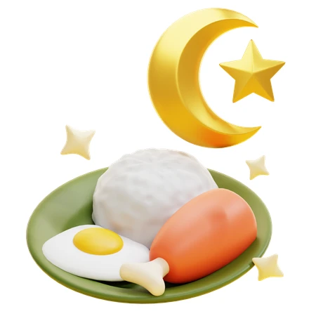 3D illustration of Ramadan sahur meal with moon and stars