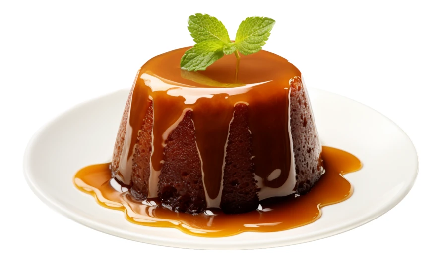 Sticky toffee pudding with caramel sauce on white background