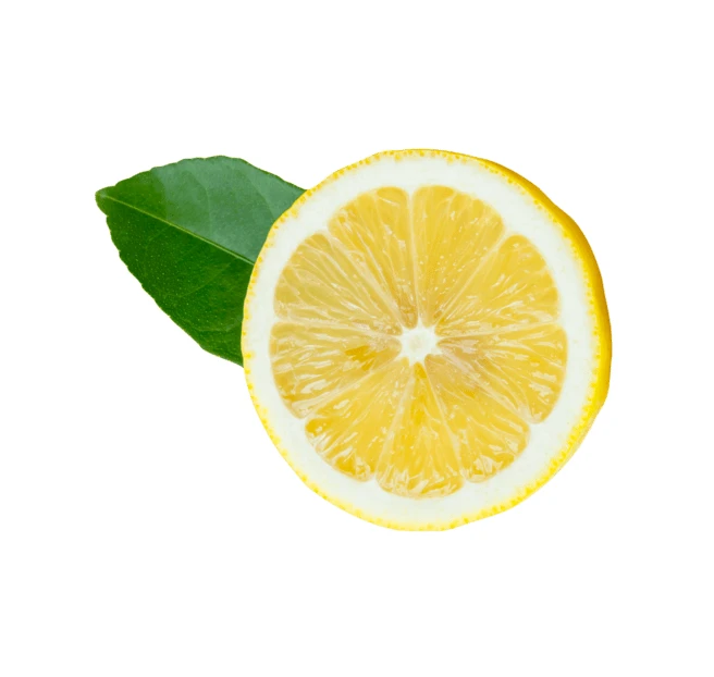 Fresh lemon slice with green leaf isolated on white