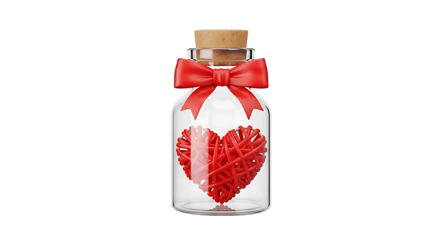 Red woven heart in glass jar with red bow