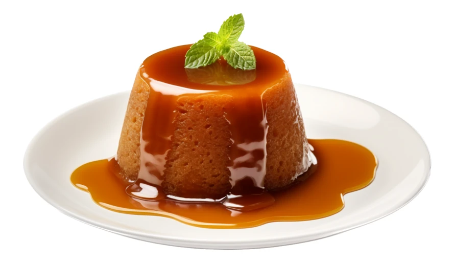 Sticky toffee pudding with caramel sauce on a white plate