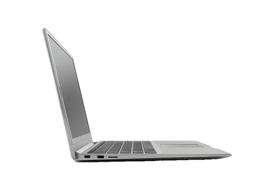 Modern silver laptop side view isolated on white background