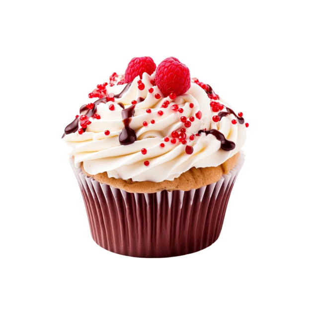 Cupcake with white frosting, chocolate drizzle and fresh raspberries