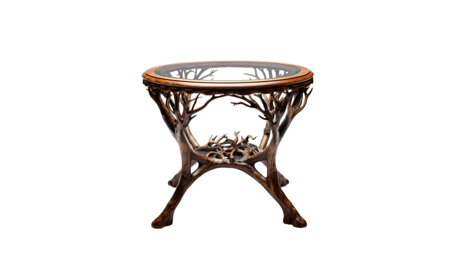 Rustic round side table with carved tree branch base