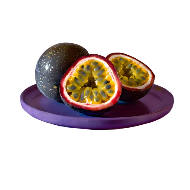 Whole and halved passion fruit on a purple plate