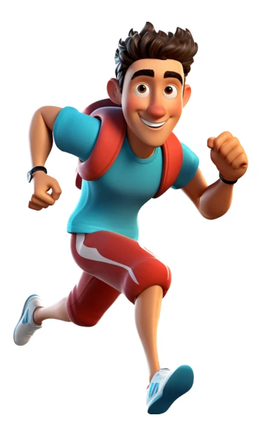 Happy 3D cartoon young man running with backpack