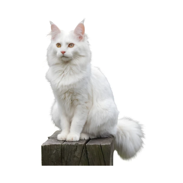Majestic white Maine Coon cat sitting on a wooden post