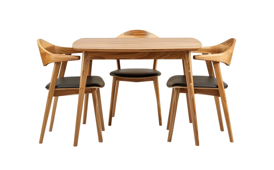 Modern wooden dining table and three chairs on white background