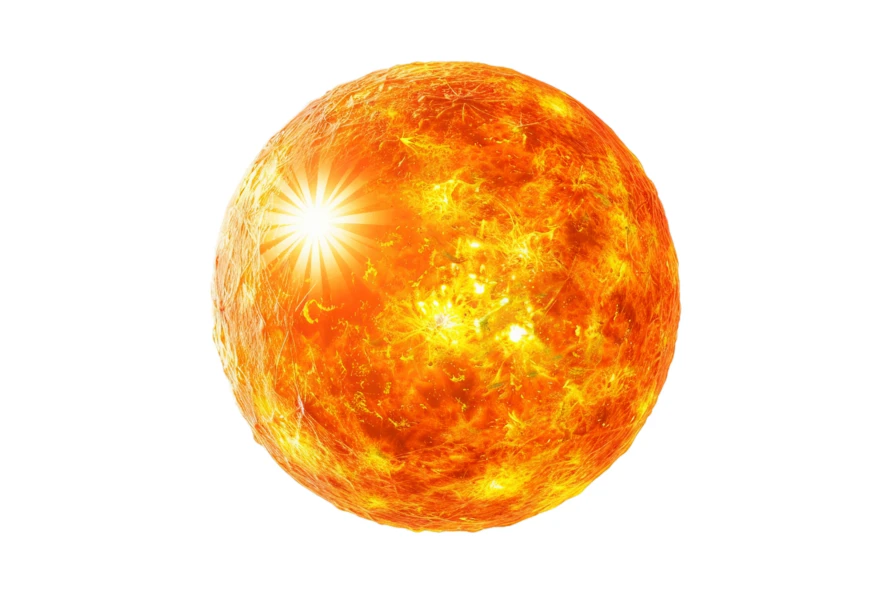 Glowing fiery sun sphere isolated on white background