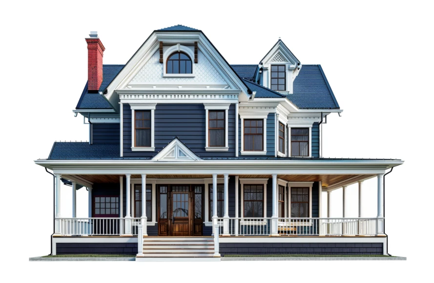 Traditional blue two-story house with porch isolated on white