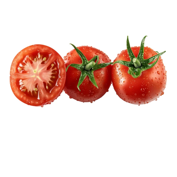 Fresh ripe red tomatoes and slice with water drops