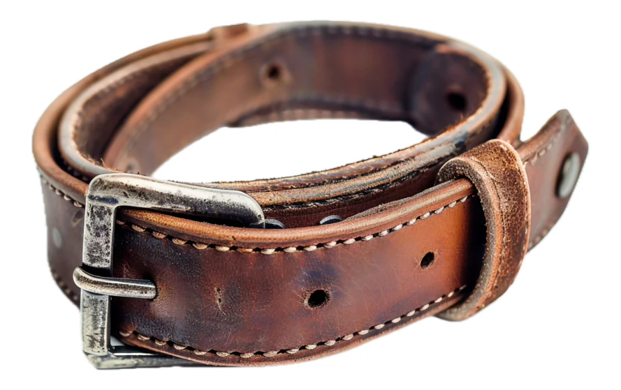 Vintage worn brown leather belt isolated on white background