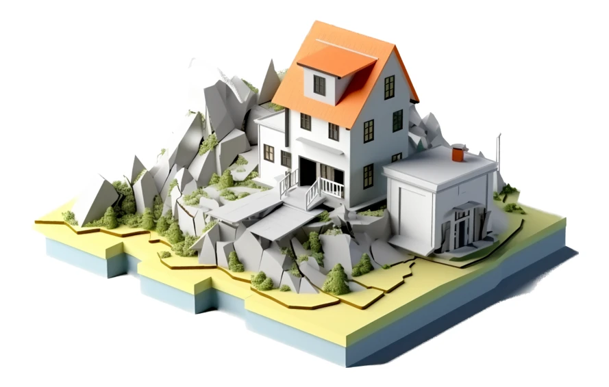 Isometric low poly 3D model of house on rocky cliff