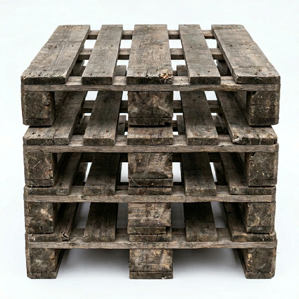 Stack of three old weathered wooden pallets on white background