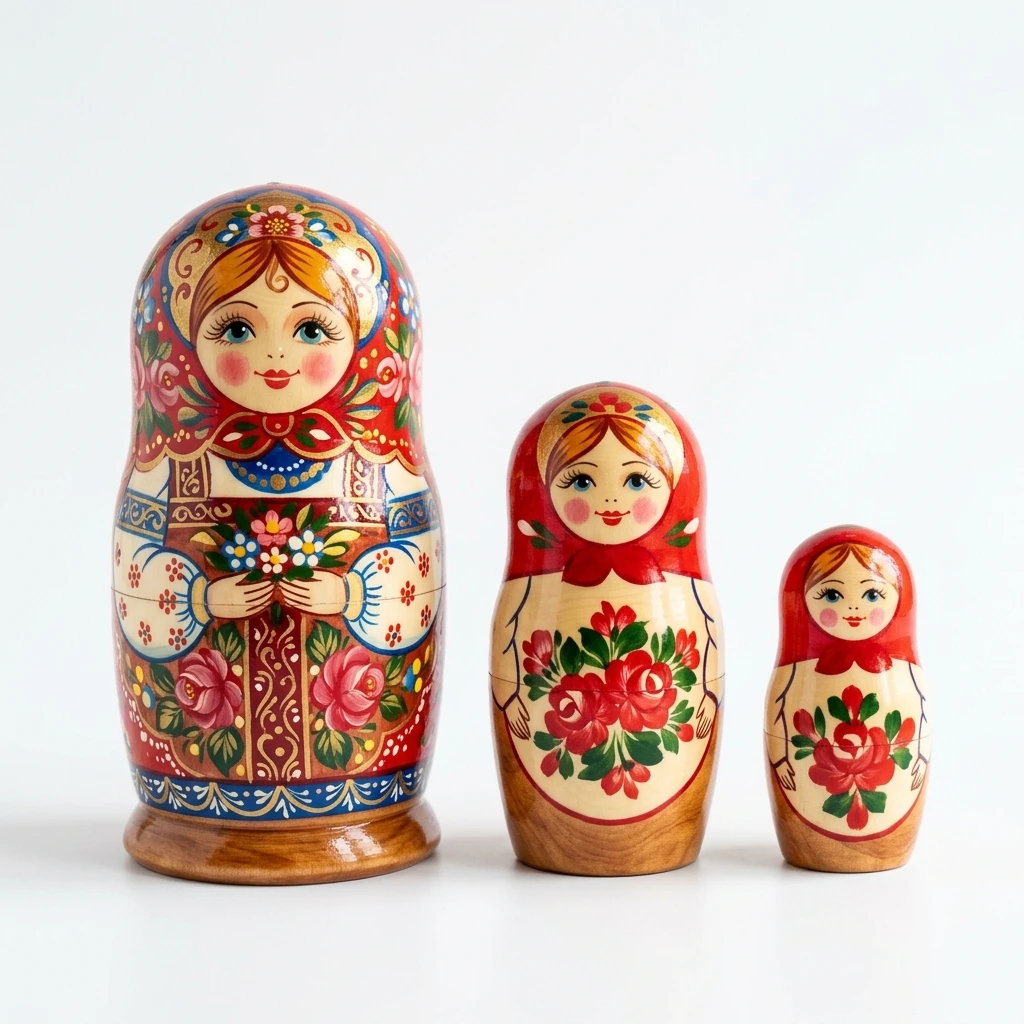 Set of three traditional Russian nesting dolls on white background