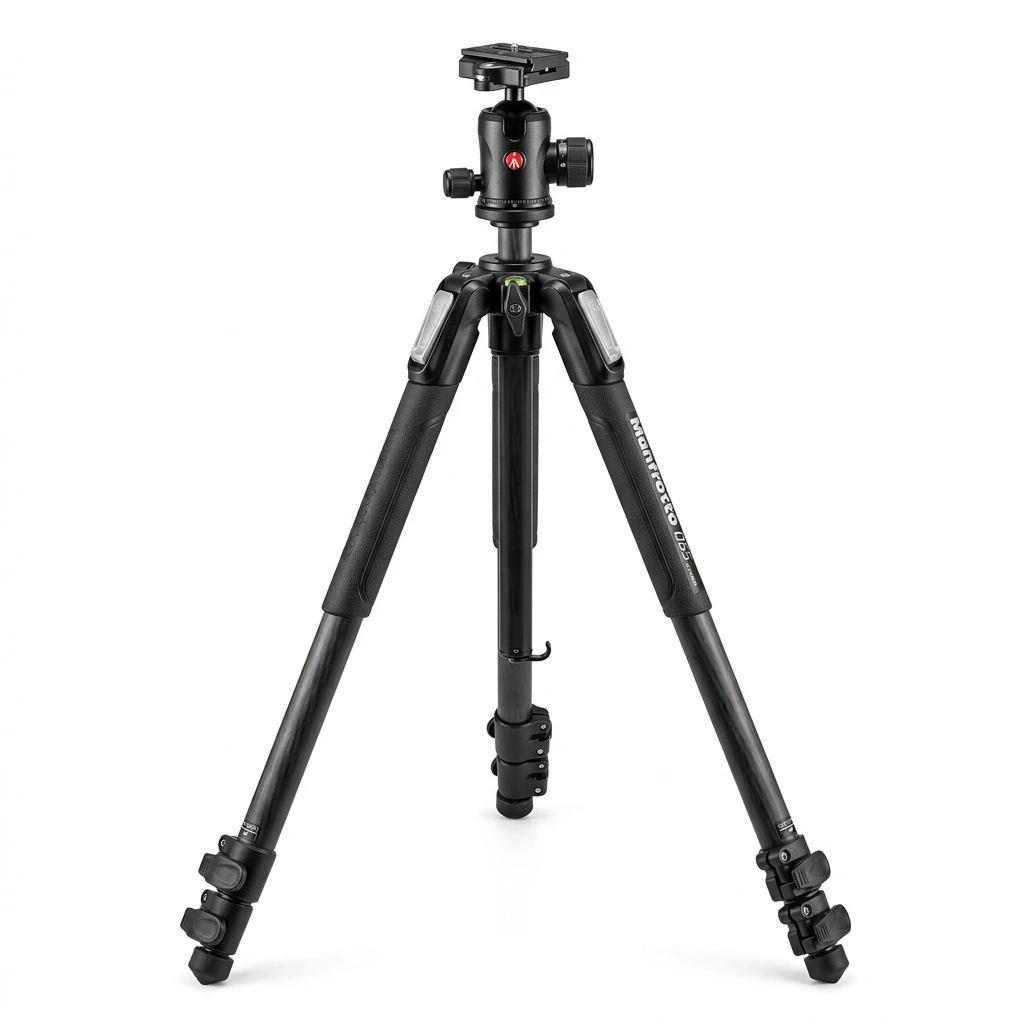 Professional black camera tripod with ball head on white background
