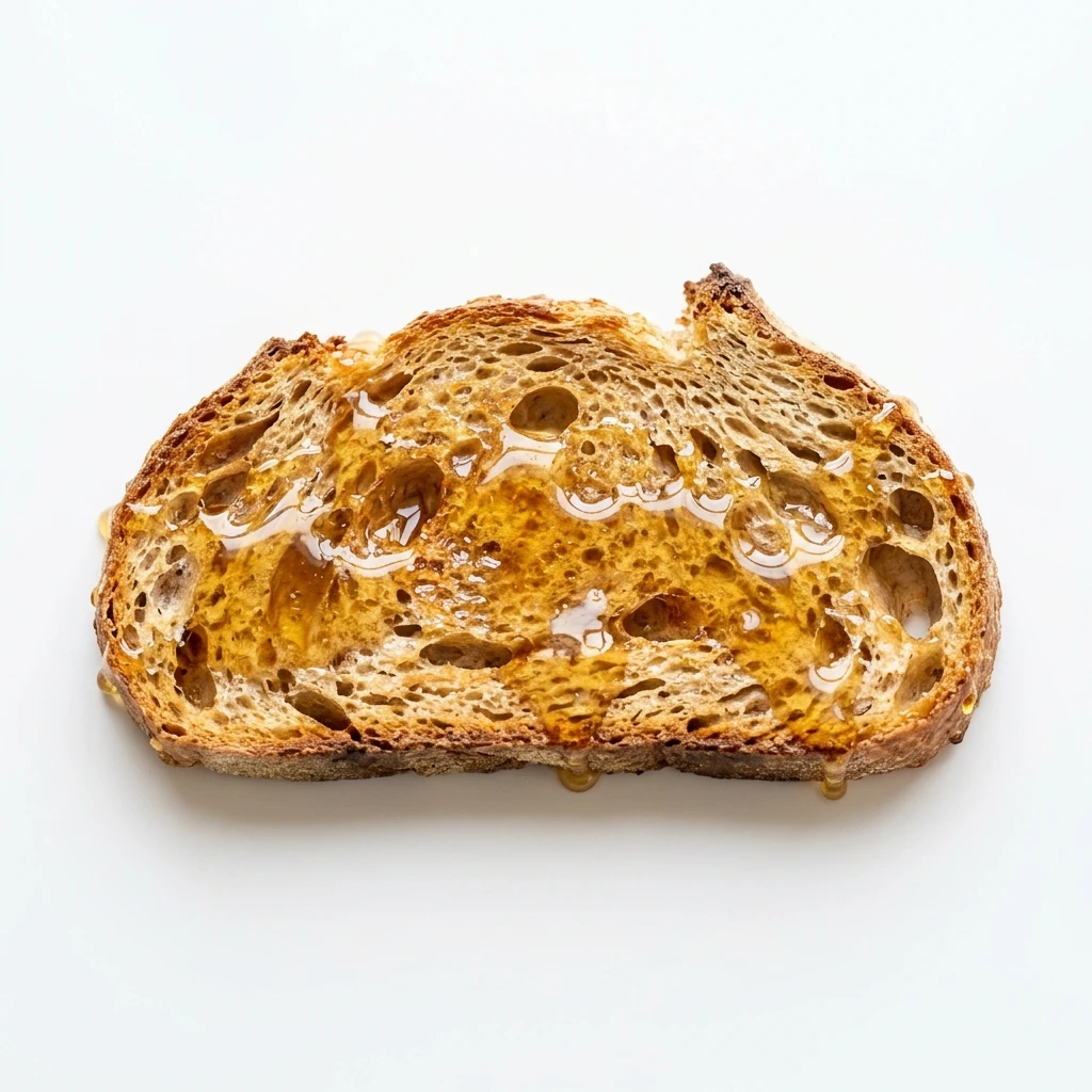 Toasted sourdough bread slice with honey on white background