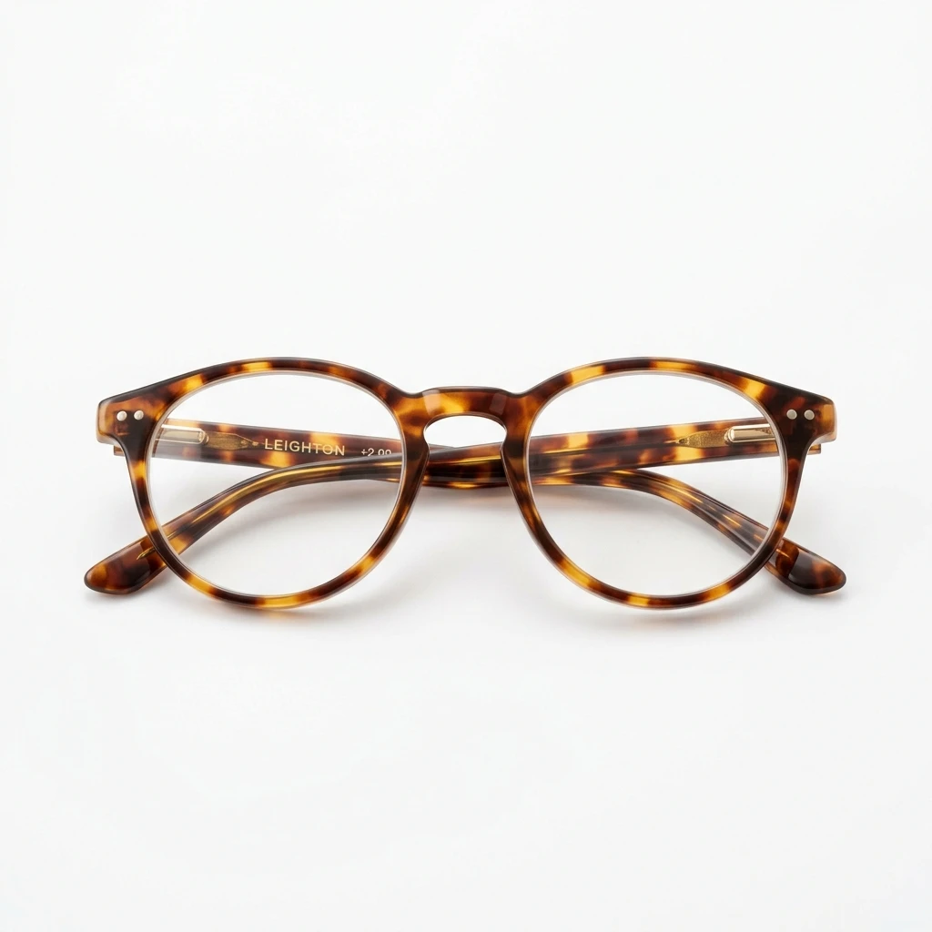 Classic tortoiseshell round frame eyeglasses on white background