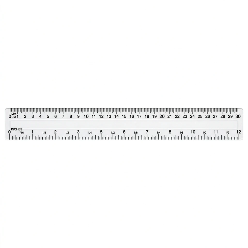 Clear plastic ruler showing centimeters and inches on white background