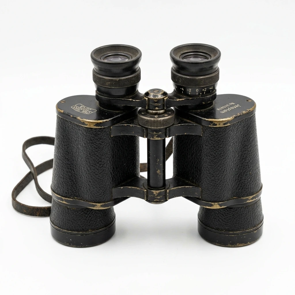 Vintage black Carl Zeiss Jena binoculars on white background