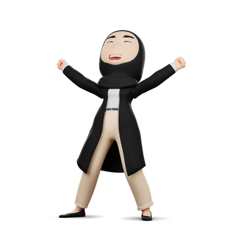 3D character of a cheerful Muslim woman celebrating success