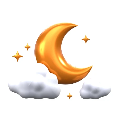 3D golden crescent moon with white clouds and stars