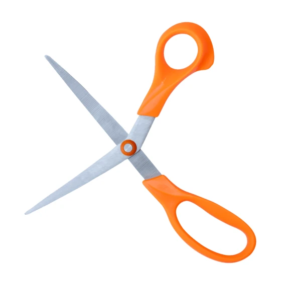 Open stainless steel scissors with orange handles on white background