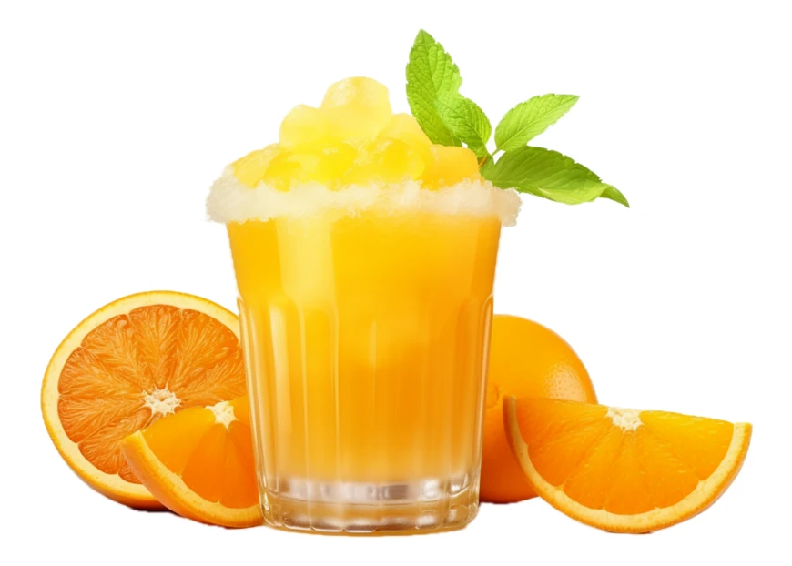 Orange slushie with mint and fresh oranges on white background