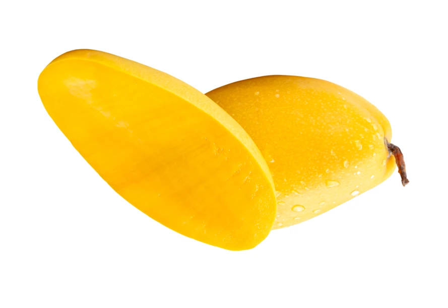 Yellow mango fruit with slice isolated on white background