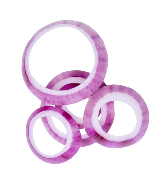 Fresh red onion rings isolated on white background