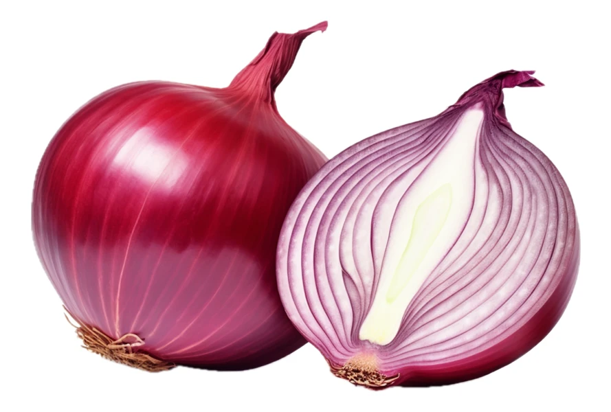 Whole and half red onion isolated on white background