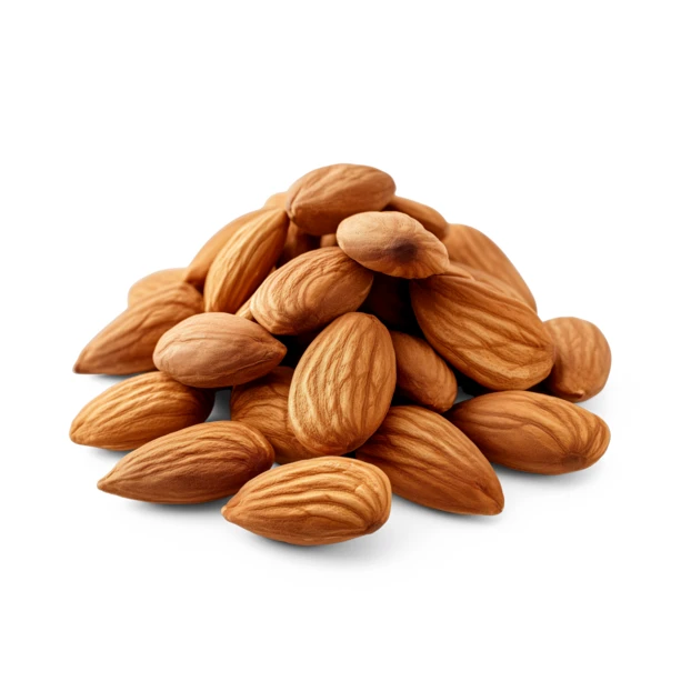 Pile of organic raw almonds isolated on white background