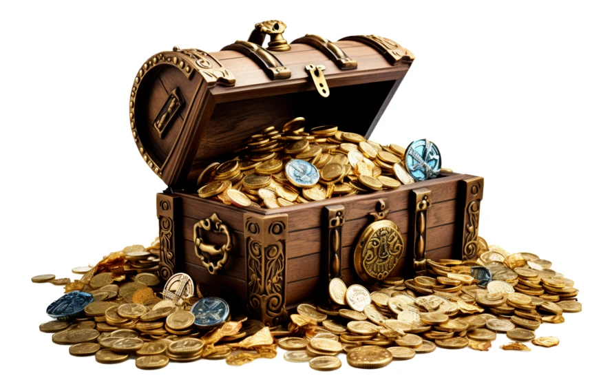 Open wooden treasure chest overflowing with gold coins