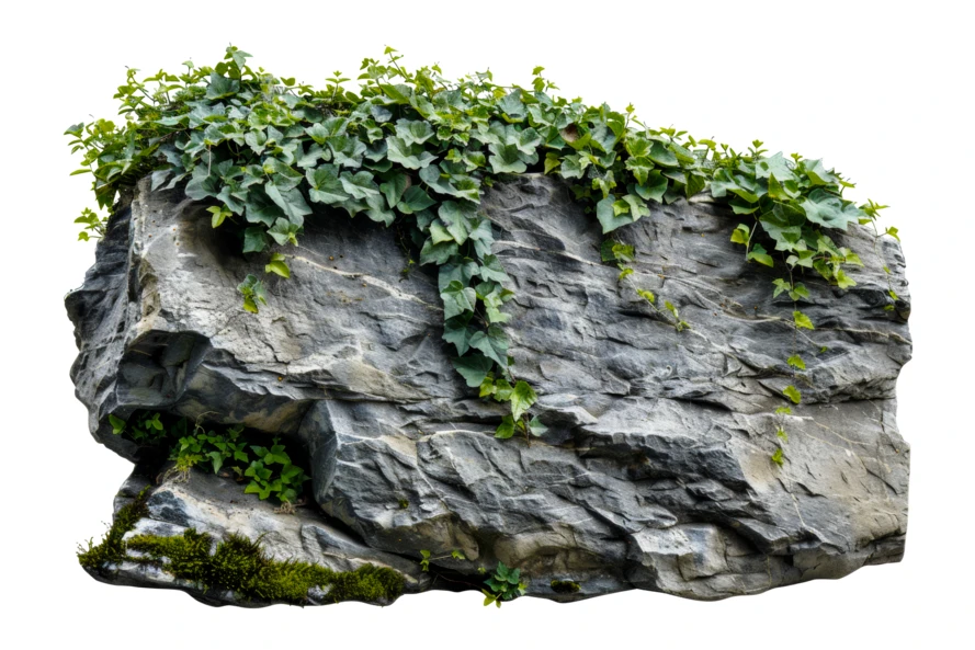 Large grey rock with green ivy isolated on white