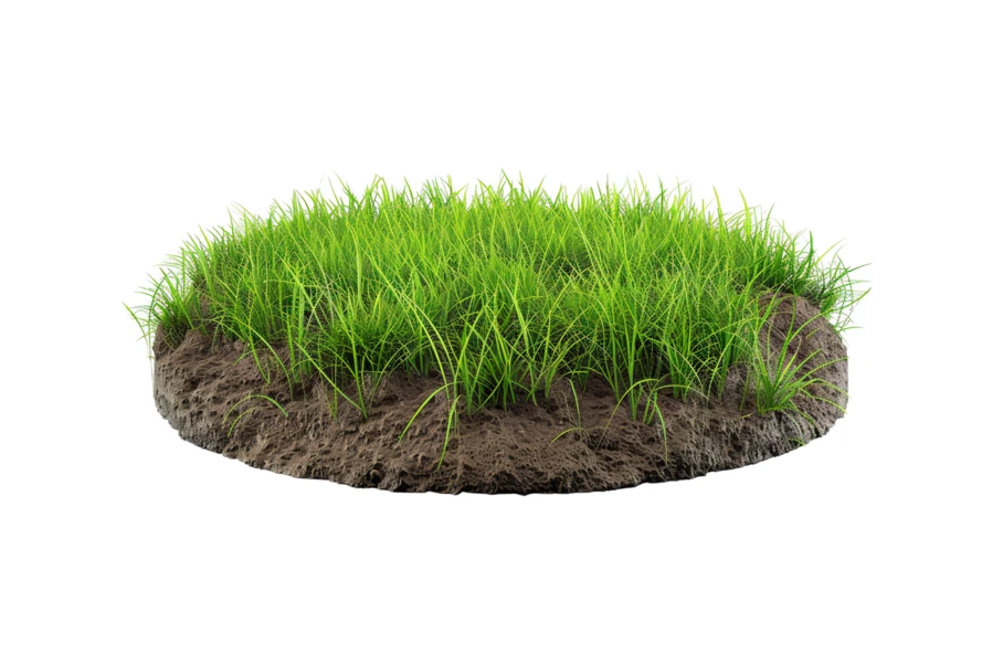 Circular patch of green grass on soil isolated on white