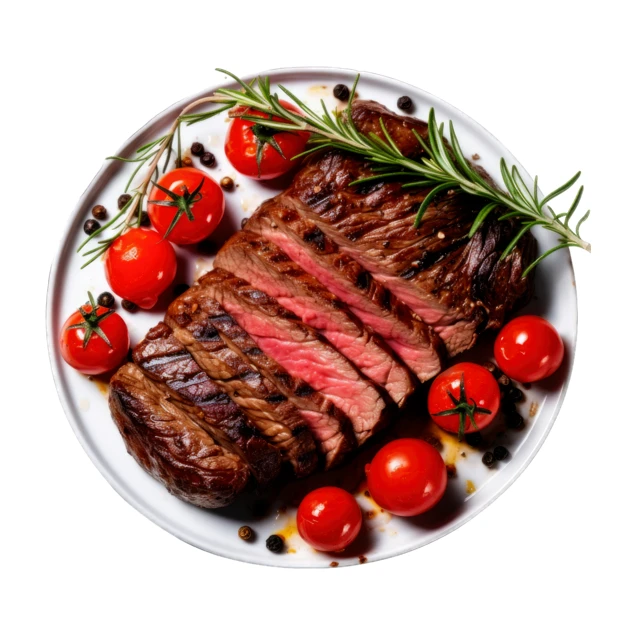 Sliced grilled beef steak with cherry tomatoes and rosemary