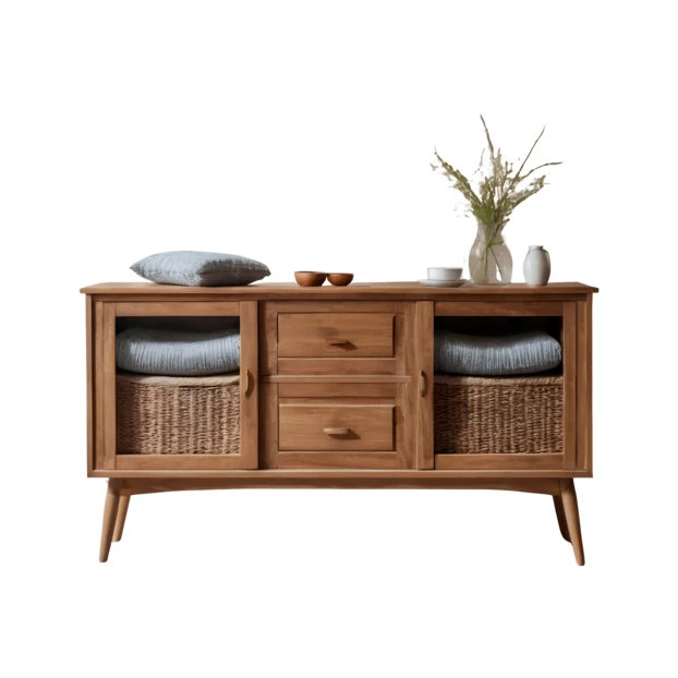 Wooden mid-century modern sideboard with storage baskets and drawers