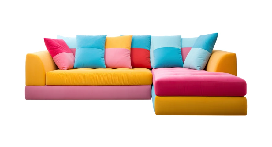 Colorful modern sectional sofa with vibrant cushions isolated on white