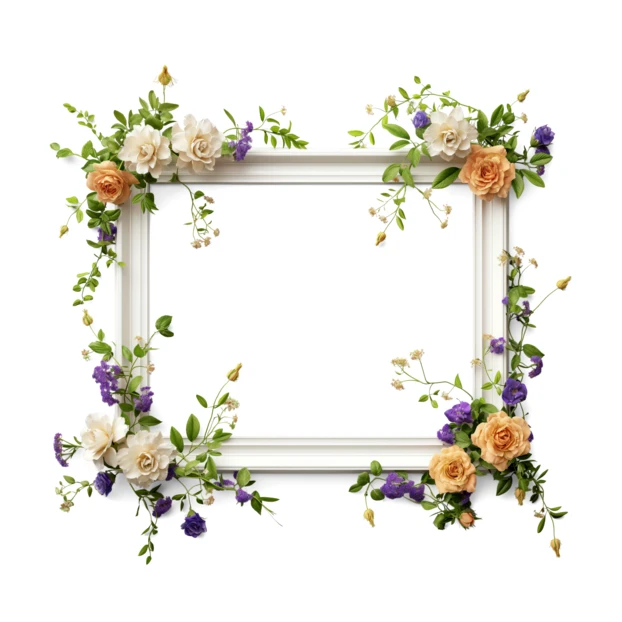 Empty white picture frame with spring floral arrangement