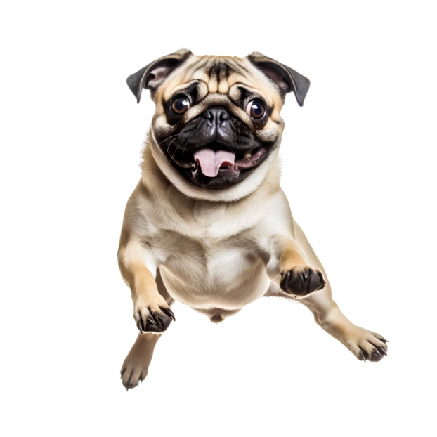 Excited fawn pug dog jumping on white background