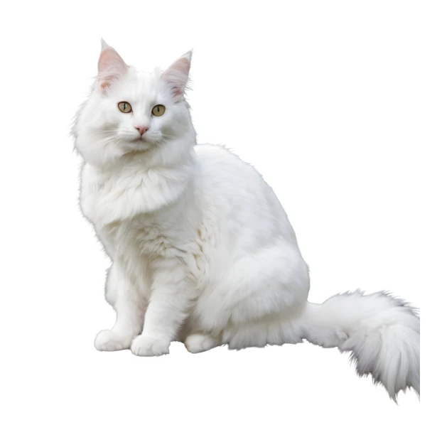 Fluffy white long-haired cat sitting on white background