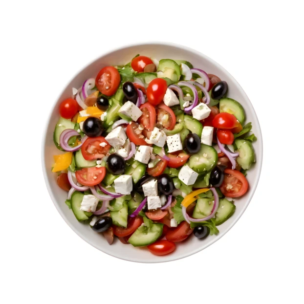 Healthy Greek salad with feta cheese isolated on white