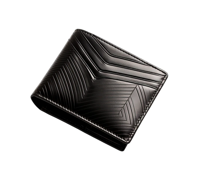 Black leather bifold wallet with geometric chevron texture