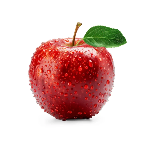 Fresh red apple with water droplets and green leaf