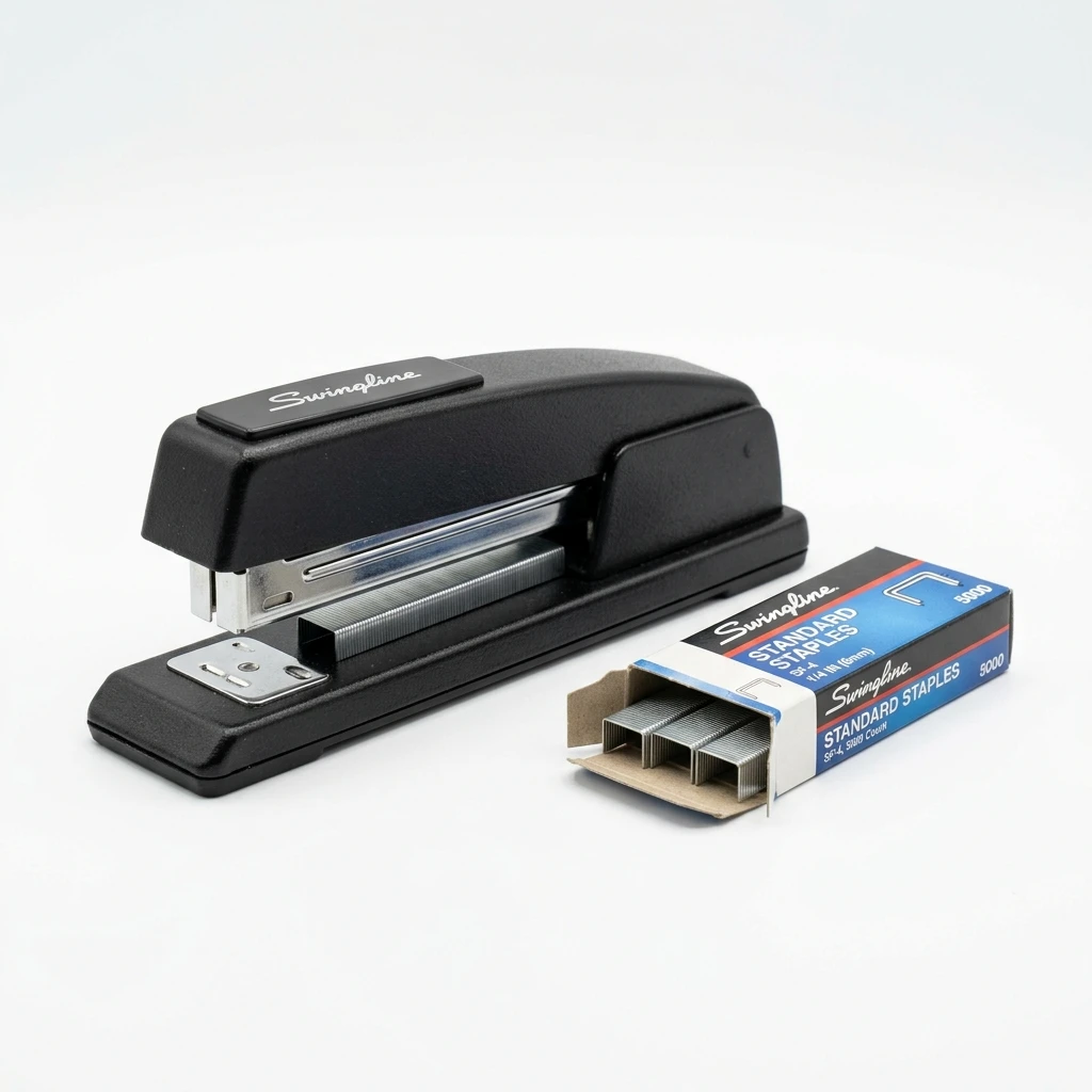 Black office stapler with a box of standard staples