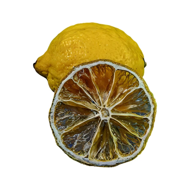 Whole fresh lemon and dried lemon slice isolated on white
