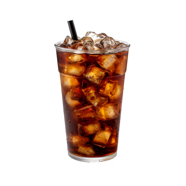 Iced cola in a plastic cup with a straw