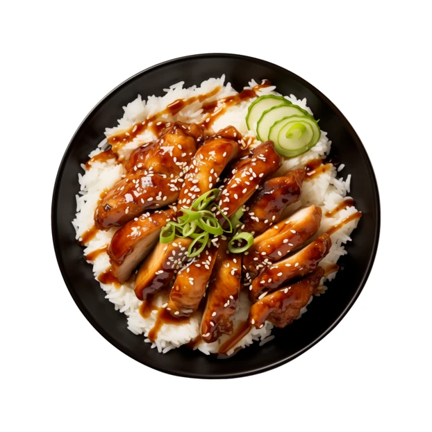 Japanese chicken teriyaki rice bowl isolated on white background