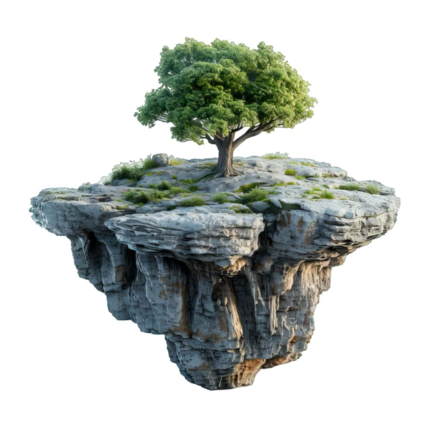 Floating rocky island with a green tree isolated on white