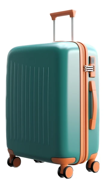 Modern teal and orange hard-shell spinner suitcase